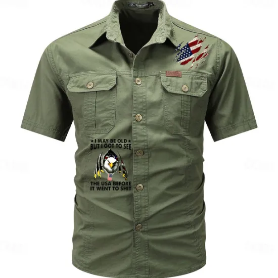 New OUKU Men's Flag American US Flag Letter Printed Work Shirt Western Shirt Cargo Shirt Short Sleeve Western Style Tactical Fashion Casual Going out Summer Turndown Buttons Print Black Army Green Khaki Dark