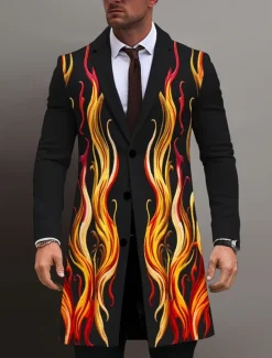 Sale OUKU Men's Flame Winter Coat Overcoat Coat Warm Breathable Comfortable Business Abstract Work Wear to work Going out Pocket Print Fall & Winter Turndown Long Sleeve Blue Purple Orange