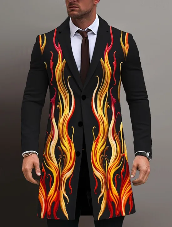 Sale OUKU Men's Flame Winter Coat Overcoat Coat Warm Breathable Comfortable Business Abstract Work Wear to work Going out Pocket Print Fall & Winter Turndown Long Sleeve Blue Purple Orange