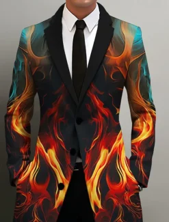 Online OUKU Men's Flame Winter Coat Overcoat Coat Warm Breathable Comfortable Business Abstract Work Wear to work Going out Pocket Print Fall & Winter Turndown Long Sleeve Blue Orange Green