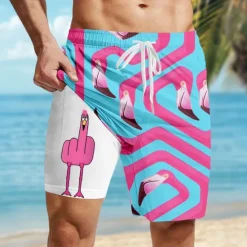 OUKU Men's Flamingo Bird Funny Lined Shorts 2 in 1 Board Shorts Swim Shorts Mid Waist Hawaiian Vacation Holiday Beach Wear Side Pockets With Compression Liner Elastic Drawstring Waist Designer Clothing