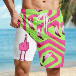 OUKU Men's Flamingo Bird Funny Lined Shorts 2 in 1 Board Shorts Swim Shorts Mid Waist Hawaiian Vacation Holiday Beach Wear Side Pockets With Compression Liner Elastic Drawstring Waist Designer Clothing