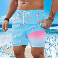 Clearance OUKU Men's Flamingo Bird Lined Shorts Swim Shorts Board Shorts Mid Waist Hawaiian Vacation Holiday Beach Wear Side Pockets With Compression Liner Elastic Drawstring Waist Designer Clothing Apparel