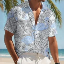 OUKU Men's Flamingo Bird Palm Leaf Shirt Summer Hawaiian Shirt Button Up Shirt Short Sleeve Hawaiian Resort Vacation Holiday Beach Wear Summer Spring Turndown 3D Print Collared Shirts Pink Blue Green