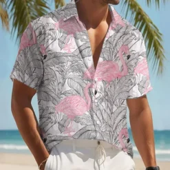 OUKU Men's Flamingo Bird Palm Leaf Shirt Summer Hawaiian Shirt Button Up Shirt Short Sleeve Hawaiian Resort Vacation Holiday Beach Wear Summer Spring Turndown 3D Print Collared Shirts Pink Blue Green