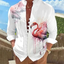Clearance OUKU Men's Flamingo Bird Peacock Shirt Linen Shirt Summer Hawaiian Shirt Long Sleeve Casual Vacation Holiday Beach Wear Summer Spring Standing Collar 3D Print Button-Down Pink Blue