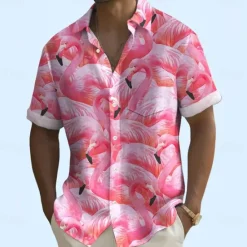 Sale OUKU Men's Flamingo Bird Shirt Summer Hawaiian Shirt Button Up Shirt Short Sleeve Hawaiian Vacation Holiday Beach Wear Summer Spring Turndown 3D Print Collared Shirts Front One Pocket Pink