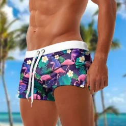 Online OUKU Men's Flamingo Bird Swim Trunks Swim Shorts Board Shorts Mid Waist Fashion Designer Surfing Holiday Beach Pocket Drawstring Elastic Waist Designer Clothing Apparel