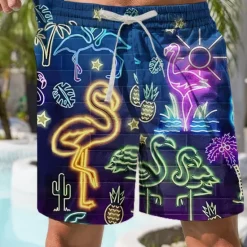 Online OUKU Men's Flamingo 3D Print Neon Swim Shorts Board Shorts Swimming Trunks Mid Waist Fashion Streetwear Designer Casual Daily Holiday Pocket Drawstring Elastic Waist Designer Clothing Apparel 1