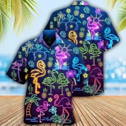 Discount OUKU Men's Flamingo Lights Shirt Summer Hawaiian Shirt Aloha Shirt Short Sleeve Shirt Turndown Tropical Fashion Streetwear Casual Hawaiian Holiday Black Yellow Light Green S M L