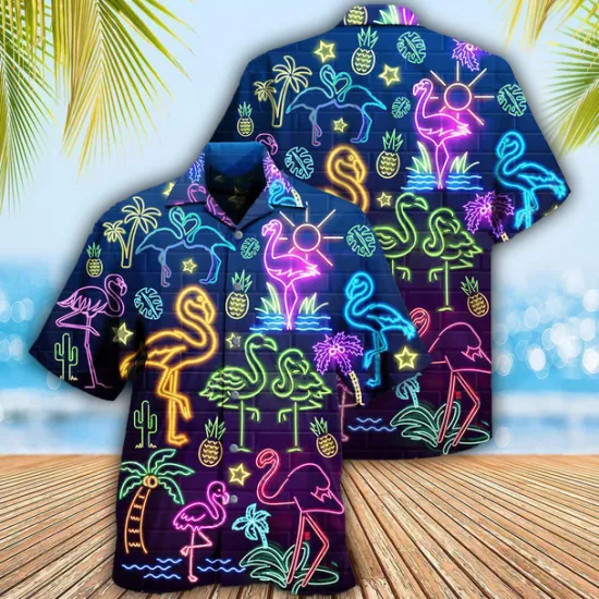 Discount OUKU Men's Flamingo Lights Shirt Summer Hawaiian Shirt Aloha Shirt Short Sleeve Shirt Turndown Tropical Fashion Streetwear Casual Hawaiian Holiday Black Yellow Light Green S M L