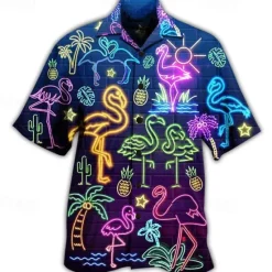 Discount OUKU Men's Flamingo Lights Shirt Summer Hawaiian Shirt Aloha Shirt Short Sleeve Shirt Turndown Tropical Fashion Streetwear Casual Hawaiian Holiday Black Yellow Light Green S M L