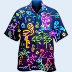 Discount OUKU Men's Flamingo Lights Shirt Summer Hawaiian Shirt Aloha Shirt Short Sleeve Shirt Turndown Tropical Fashion Streetwear Casual Hawaiian Holiday Black Yellow Light Green S M L