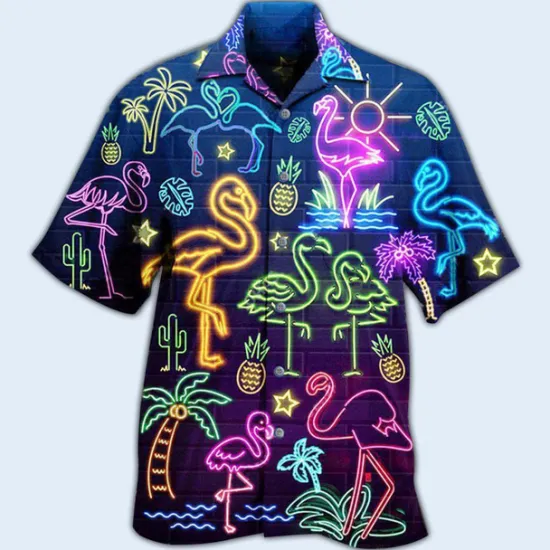 Discount OUKU Men's Flamingo Lights Shirt Summer Hawaiian Shirt Aloha Shirt Short Sleeve Shirt Turndown Tropical Fashion Streetwear Casual Hawaiian Holiday Black Yellow Light Green S M L
