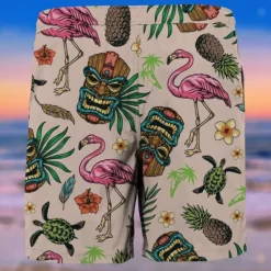 Best OUKU Men's Flamingo Mask Indian Culture Swim Trunks Swim Shorts Board Shorts Mid Waist Fashion Streetwear Designer Casual Daily Holiday Pocket Drawstring Elastic Waist Designer Clothing Apparel