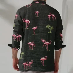 Hot OUKU Men's Flamingo Summer Hawaiian Shirt Aloha Shirt Long Sleeve Hawaiian Beach Vacation Summer Spring Turndown Button Up Black