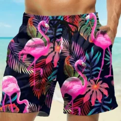 Sale OUKU Men's Flamingo Tropical Flowers Swim Trunks Swim Shorts Board Shorts Mid Waist Streetwear Hawaiian Casual Daily Holiday Pocket Drawstring Elastic Waist Designer Clothing Apparel