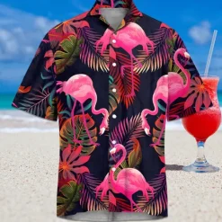 Outlet OUKU Men's Flamingo Tropical Summer Hawaiian Shirt Aloha Shirt Short Sleeves Shirt Turndown Hawaiian Resort Outdoor Vacation Street White Pink Blue S M L