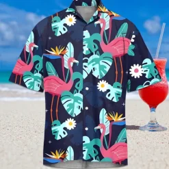 Outlet OUKU Men's Flamingo Tropical Summer Hawaiian Shirt Aloha Shirt Short Sleeves Shirt Turndown Hawaiian Resort Outdoor Vacation Street White Pink Blue S M L