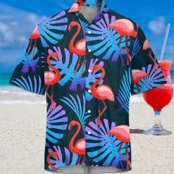 Outlet OUKU Men's Flamingo Tropical Summer Hawaiian Shirt Aloha Shirt Short Sleeves Shirt Turndown Hawaiian Resort Outdoor Vacation Street White Pink Blue S M L