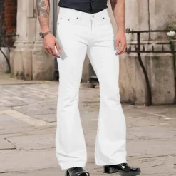 Hot OUKU Men's Flared Pants Bell Bottom Casual Pants Buttons Lightweight Plain Comfort Breathable Casual Holiday Disco Lights Fashion Classic Style Black White