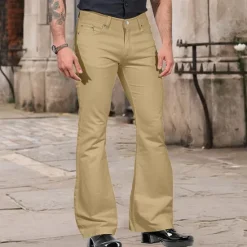 Hot OUKU Men's Flared Pants Bell Bottom Casual Pants Buttons Lightweight Plain Comfort Breathable Casual Holiday Disco Lights Fashion Classic Style Black White