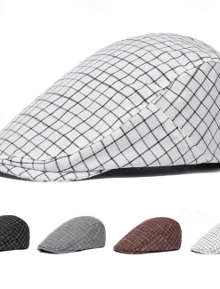 OUKU Men's Flat Cap Ascot Hat Newsboy Hat Black White Cotton Fashion Casual Street Daily Plaid Adjustable Sunscreen Breathable