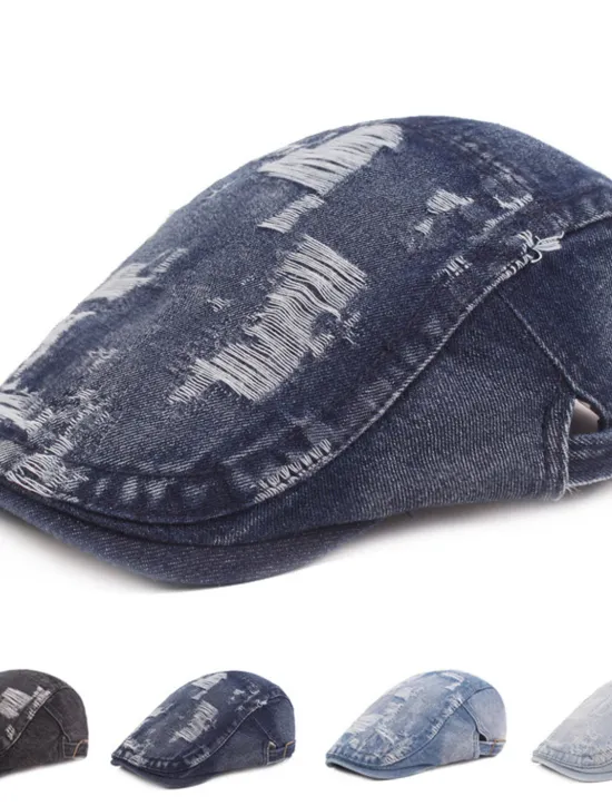 OUKU Men's Flat Cap Black Blue Denim Ripped Fashion Streetwear Stylish 1920s Fashion Outdoor Daily Going out Plain Warm