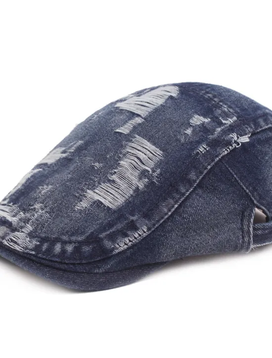 OUKU Men's Flat Cap Black Blue Denim Ripped Fashion Streetwear Stylish 1920s Fashion Outdoor Daily Going out Plain Warm