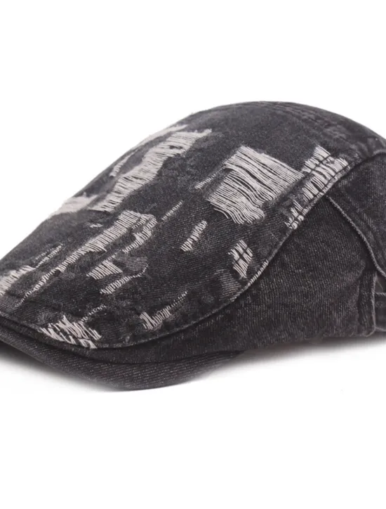OUKU Men's Flat Cap Black Blue Denim Ripped Fashion Streetwear Stylish 1920s Fashion Outdoor Daily Going out Plain Warm