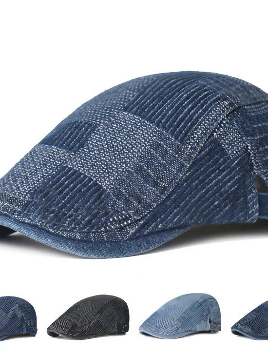Best OUKU Men's Flat Cap Black Blue Denim Streetwear Stylish 1920s Fashion Outdoor Daily Going out Lattice Warm