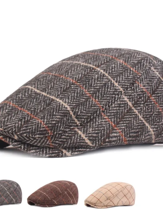 Online OUKU Men's Flat Cap Tweed Cap Brown Beige Cotton Streetwear Stylish 1920s Fashion Outdoor Daily Going out Stripe Warm