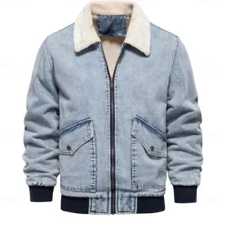 Outlet OUKU Men's Fleece Jacket Jean Jacket Denim Jacket Casual Daily Fall & Winter Color Block Casual Lapel Regular Dark Gray Dark Blue Light Blue Jacket
