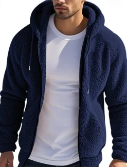 Best OUKU Men's Fleece Jacket Teddy Coat Hoodie Jacket Daily Vacation Thermal Warm Pocket Fleece Fall & Winter Plain Fashion Streetwear Hooded Regular Black Navy Blue Khaki Gray Jacket