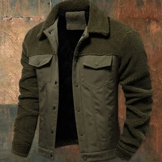 Outlet OUKU Men's Fleece Jacket Work Jacket Outdoor New Year Thermal Warm Patchwork Pocket Winter Spring & Fall Cross-Seasons Patchwork Fashion Streetwear Turndown Navy Blue Khaki Army Green Jacket