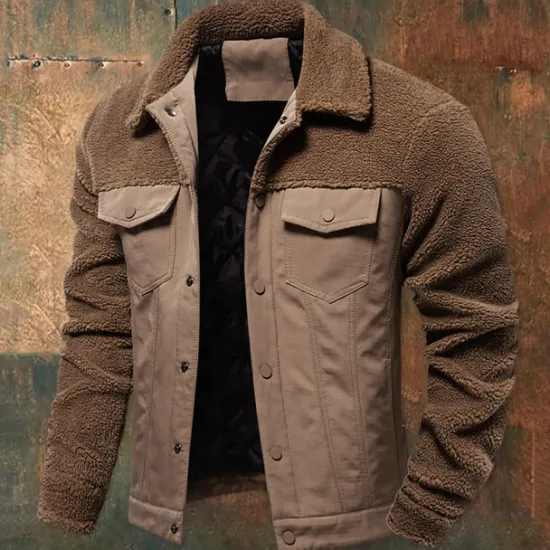 Outlet OUKU Men's Fleece Jacket Work Jacket Outdoor New Year Thermal Warm Patchwork Pocket Winter Spring & Fall Cross-Seasons Patchwork Fashion Streetwear Turndown Navy Blue Khaki Army Green Jacket