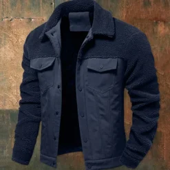 Outlet OUKU Men's Fleece Jacket Work Jacket Outdoor New Year Thermal Warm Patchwork Pocket Winter Spring & Fall Cross-Seasons Patchwork Fashion Streetwear Turndown Navy Blue Khaki Army Green Jacket