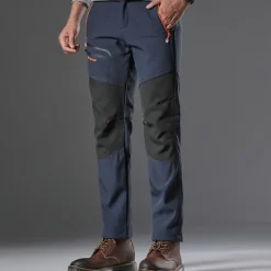 Hot OUKU Men's Fleece Lined Pants Black Trousers Waterproof Softshell Pants Winter Outdoor Windproof Thermal Warm 4 Zipper Pocket Elastic Waist Lightweight Bottoms Navy Climbing Traveling Ski / Snowboard