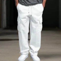 OUKU Men's Fleece Pants Sweatpants Joggers Trousers Cargo Sweatpants Drawstring Elastic Waist Multi Pocket Plain Comfort Breathable Casual Daily Holiday Sports Fashion Black White