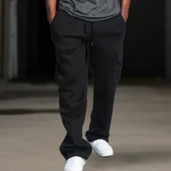 OUKU Men's Fleece Pants Sweatpants Joggers Trousers Cargo Sweatpants Drawstring Elastic Waist Multi Pocket Plain Comfort Breathable Casual Daily Holiday Sports Fashion Black White