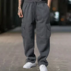 Clearance OUKU Men's Fleece Pants Sweatpants Joggers Trousers Cargo Sweatpants Drawstring Elastic Waist Multi Pocket Plain Comfort Warm Full Length Outdoor Casual Daily Sports Fashion Black White