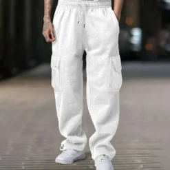 Clearance OUKU Men's Fleece Pants Sweatpants Joggers Trousers Cargo Sweatpants Drawstring Elastic Waist Multi Pocket Plain Comfort Warm Full Length Outdoor Casual Daily Sports Fashion Black White