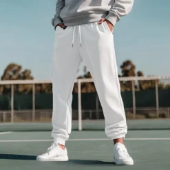 Online OUKU Men's Fleece Pants Sweatpants Joggers Workout Pants Track Pants Pocket Elastic Waist Solid Color Lightweight Full Length Casual Daily Trousers Athletic White Navy Blue Micro-elastic