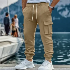 New OUKU Men's Fleece Pants Sweatpants Joggers Trousers Cargo Sweatpants Drawstring Elastic Waist Multi Pocket Plain Comfort Warm Full Length Outdoor Casual Daily Sports Fashion Black Khaki