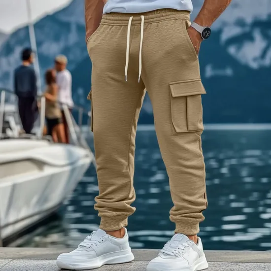 New OUKU Men's Fleece Pants Sweatpants Joggers Trousers Cargo Sweatpants Drawstring Elastic Waist Multi Pocket Plain Comfort Warm Full Length Outdoor Casual Daily Sports Fashion Black Khaki