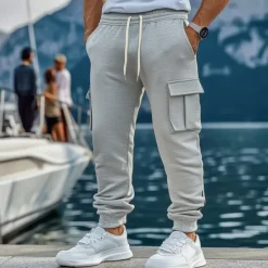 New OUKU Men's Fleece Pants Sweatpants Joggers Trousers Cargo Sweatpants Drawstring Elastic Waist Multi Pocket Plain Comfort Warm Full Length Outdoor Casual Daily Sports Fashion Black Khaki