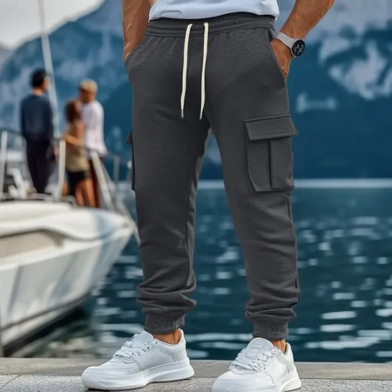 New OUKU Men's Fleece Pants Sweatpants Joggers Trousers Cargo Sweatpants Drawstring Elastic Waist Multi Pocket Plain Comfort Warm Full Length Outdoor Casual Daily Sports Fashion Black Khaki