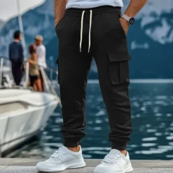 New OUKU Men's Fleece Pants Sweatpants Joggers Trousers Cargo Sweatpants Drawstring Elastic Waist Multi Pocket Plain Comfort Warm Full Length Outdoor Casual Daily Sports Fashion Black Khaki