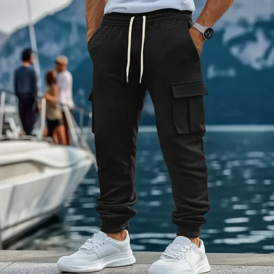 New OUKU Men's Fleece Pants Sweatpants Joggers Trousers Cargo Sweatpants Drawstring Elastic Waist Multi Pocket Plain Comfort Warm Full Length Outdoor Casual Daily Sports Fashion Black Khaki