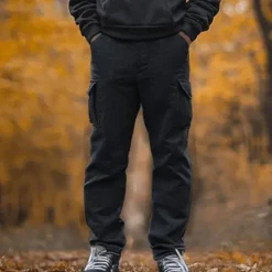 Online OUKU Men's Fleece Pants Sweatpants Joggers Trousers Cargo Sweatpants Drawstring Elastic Waist Multi Pocket Plain Comfort Breathable Full Length Casual Daily Holiday Sports Fashion Black Navy Blue